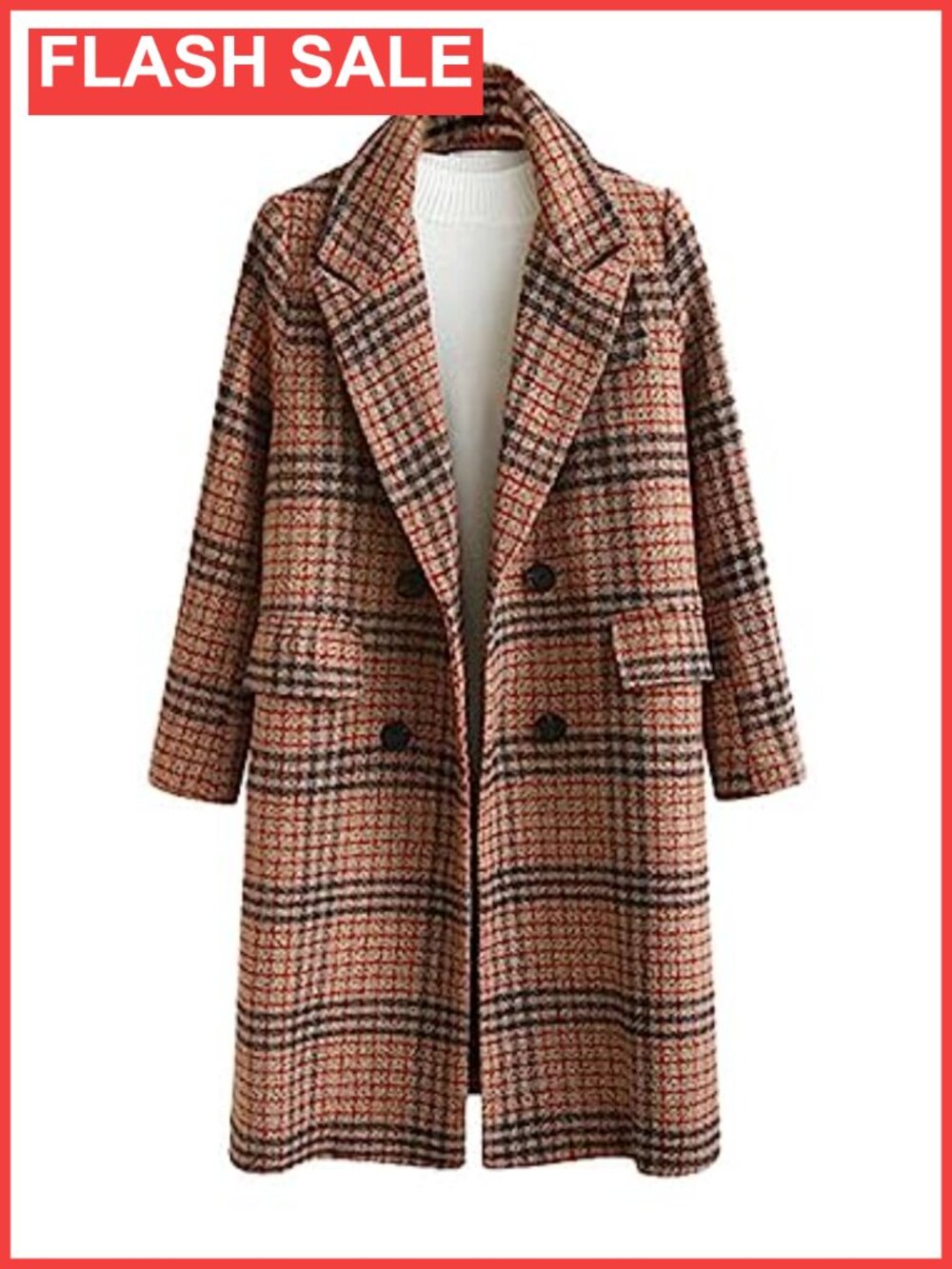 Women's Winter Oversize Woolen Plaid Double Breasted Long Peacoat Jacket
